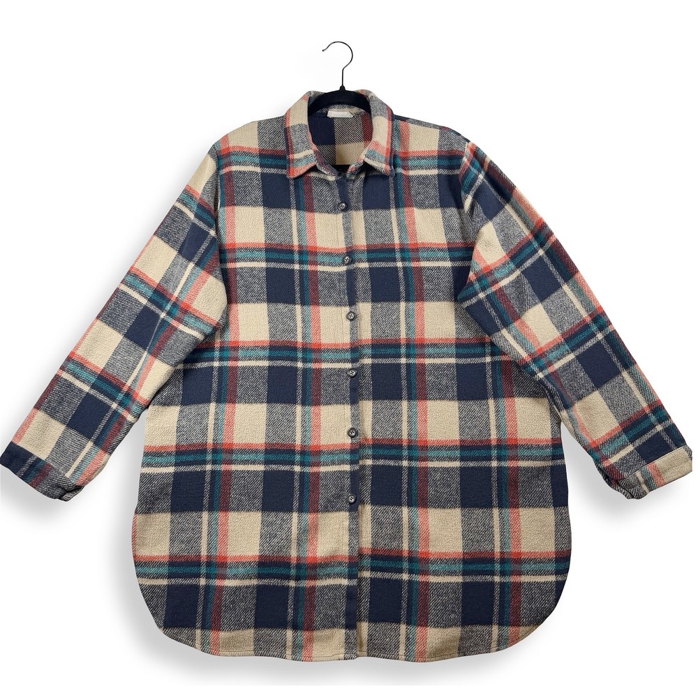 Cozy Plaid Fleece Shacket Blue Cream Orange Womens XL Oversized Shirt Jacket